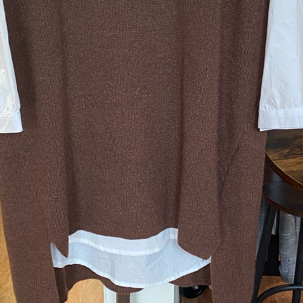 Hi-Low Brown Sweater Dress With White Shirt - Picture 8 of 10